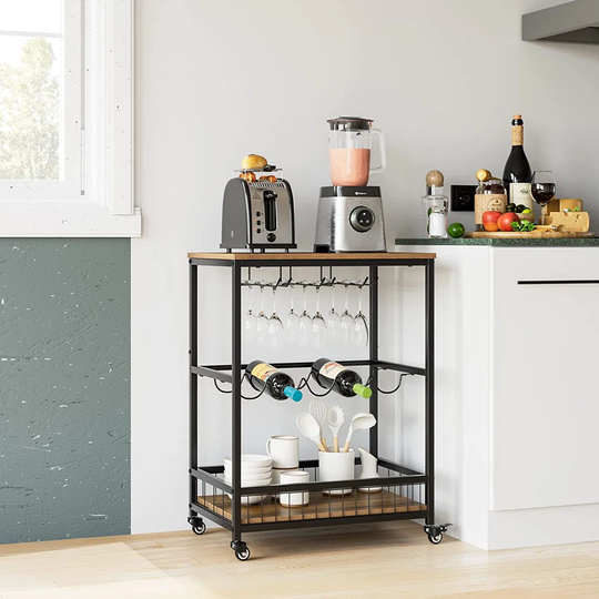Industrial Bar Carts For The Home, Mobile Bar Serving Cart, Wine Cart On Wheels, Beverage Cart With Wine Rack And Glass Holder, Rolling Drink Trolley