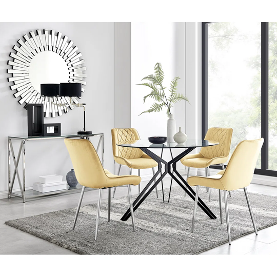Cascina Dining Table And 4 Mustard Pesaro Silver Leg Chairs