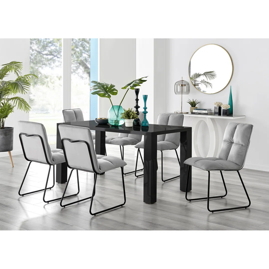 Pivero Black High Gloss Dining Table & 6 Light Grey Menen Chairs
