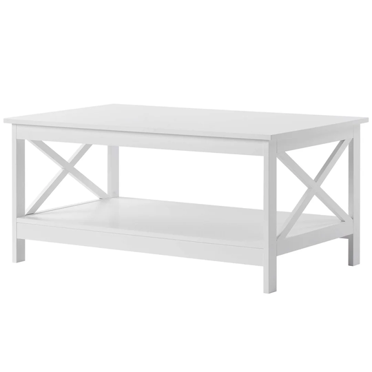 Modern Coffee Table With Storage Rack, Wood End Table X Design Cocktail Table 2 Tier Living Room Center Table For Living Room, Bedroom, White, 39Inch