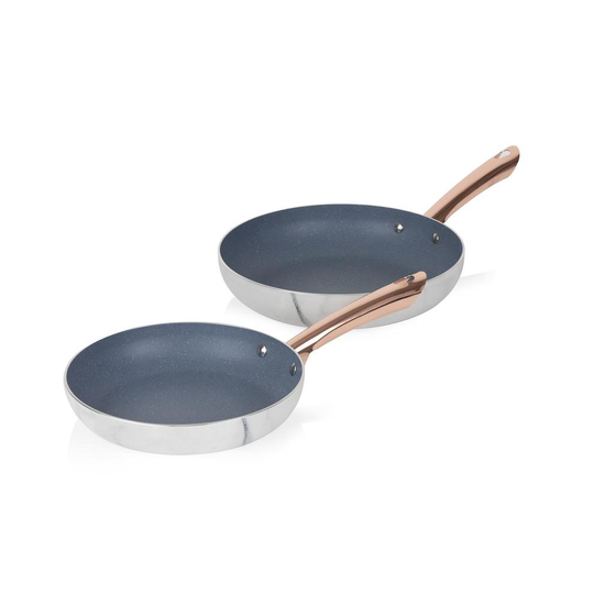 Tower Frying Pan Set, Rose Gold Marble Effect, Non-Stick Coating and Aluminium Body, White, 2 Piece