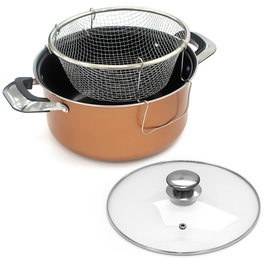 Chip Pan 24cm Deep Fat Fryer Non Stick Casserole Pot Fry Glass Lid Frying Basket