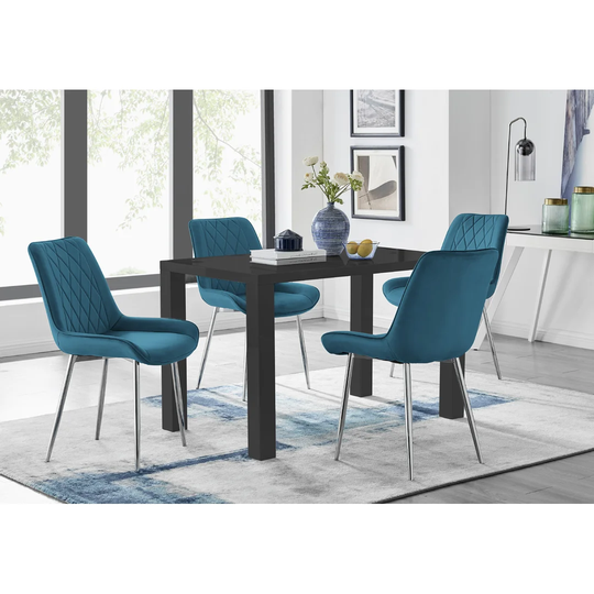 Pivero 4 Black Dining Table And 4 Blue Pesaro Silver Leg Chairs
