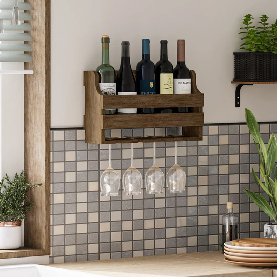 Clethra 5 Bottle Wall Mounted Wine Bottle & Glass Rack in Dark Walnut