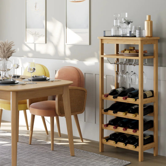 Isaak 16 Bottle Solid Wood Floor Wine Bottle & Glass Rack in Natural