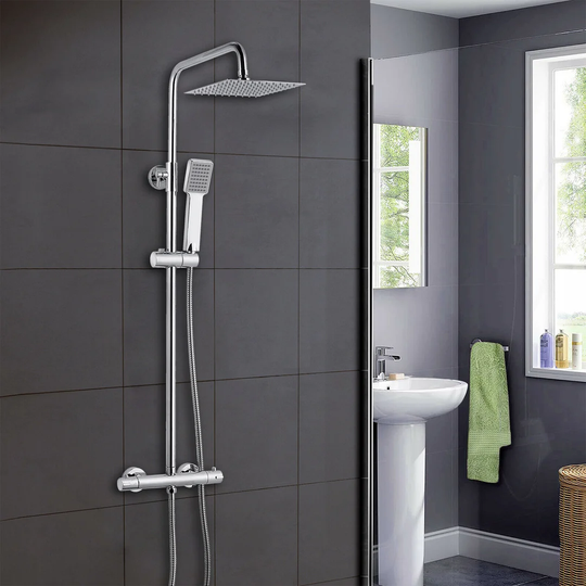 Thermostatic Exposed Shower Mixer Bathroom Twin Head Large Square Bar Set Chrome