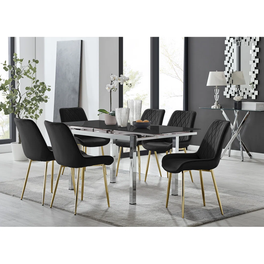 Enna Black Glass Extending Dining Table And 4 Black Pesaro Black Leg Chairs