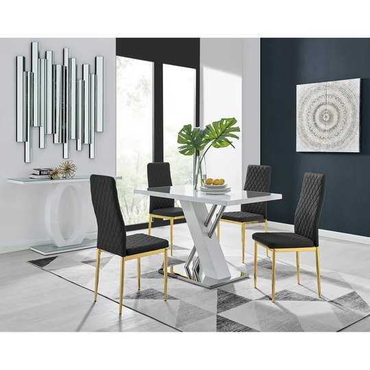 Eubanks 4 White Dining Table And 4 Black Gold Leg Chairs