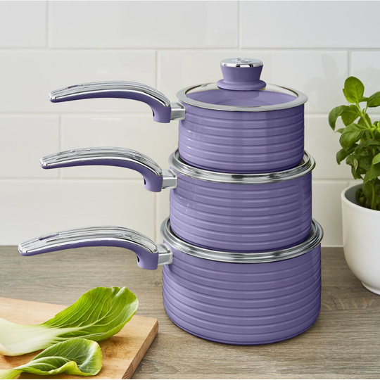(Purple) Swan Retro 3pce Saucepan Set 16cm/18cm/20cm with Glass Lids, Non-Stick & Compatible with Induction Hobs