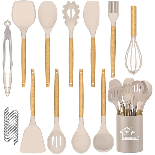 Kitchen Utensils Set, 22 Pieces Premium Kitchen Utensils Spatula Set With Holder, Non-Stick Heat Resistant Kitchen Utensil With Natural Wooden Handle(