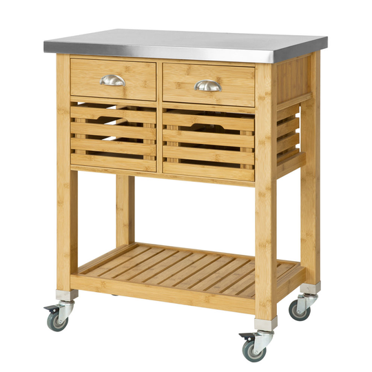 SoBuy® FKW40-N, Bamboo Kitchen Storage Trolley with Stainless Steel Worktop