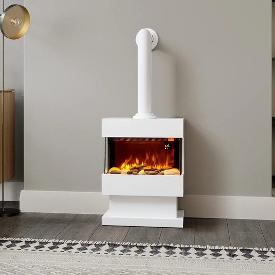 Panoramic Realistic LED Flame Effect Fireplace Suite & Chimney Flute, 1.8KW, Adjustable Thermostat 5-37°C, 8 Hour Timer, LED Display and Remote Contr