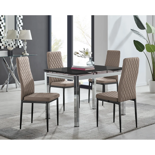 Enna Black Glass Extending Dining Table And 4 Cappuccino Milan Black Leg Chairs