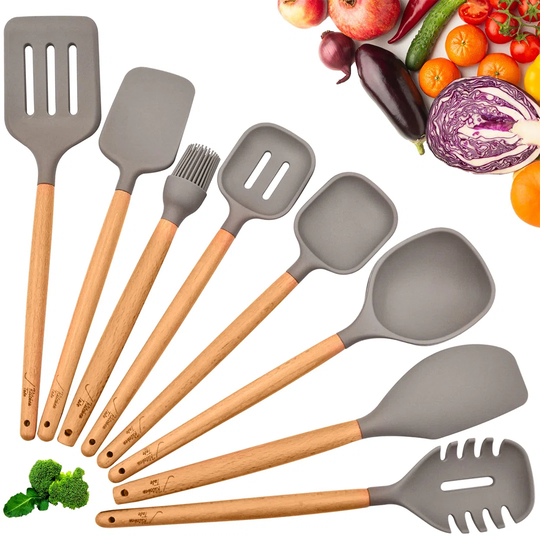 Silicone Kitchen Utensils Set,8 Pcs Wooden Handle Kitchen Utensil Set,Cooking Tools Turner For Non-Sticks Heat Resistance Kitchen Tools, Kitchen Cooki