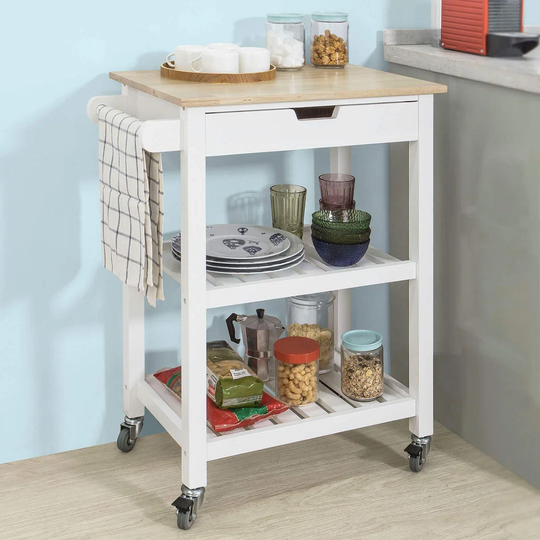 Kitchen Storage Trolley Serving Trolley Kitchen Shelf With Rubber Wood Top 1 Drawer 2 Shelves