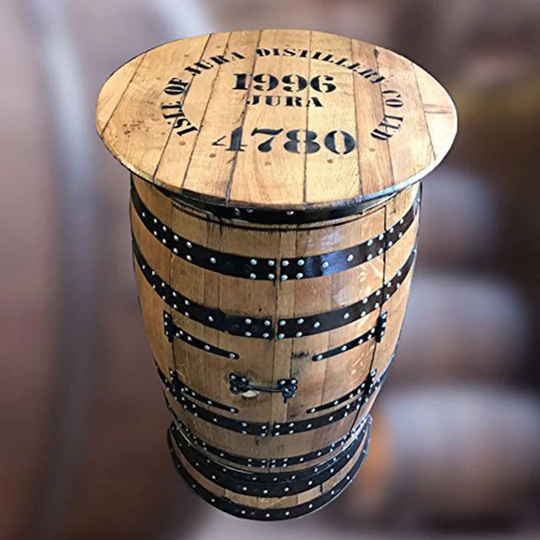 Solid Oak Recycled Isle Of Jura Branded Whisky Barrel Drinks Cabinet