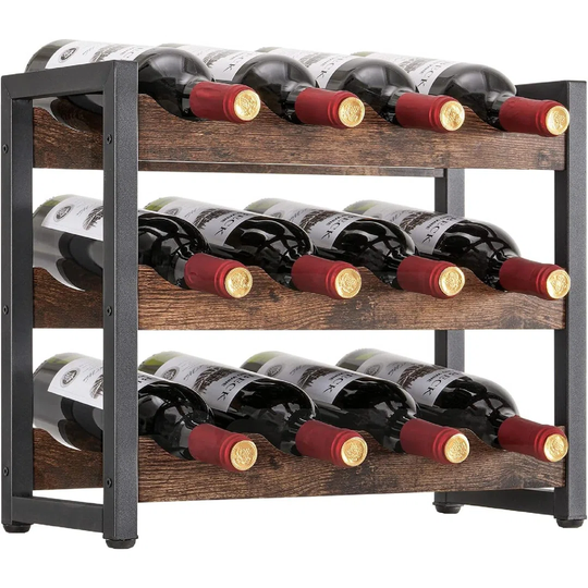 12 Bottles Metal Wine Rack, Free Standing Wine Storage Holder - 3 Tier Industrial Style Vintage Countertop Wine Rack Wine Holder Organizer For Cabinet