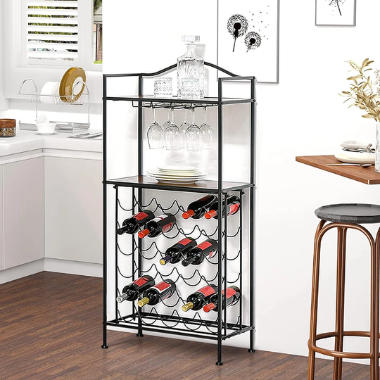 Wine Rack 30 Bottles Display Holder With Table Top & Glass HoldersFree Standing Storage Shelves For Kitchen, Pantry, Cellar, Bar (Dark Brown)