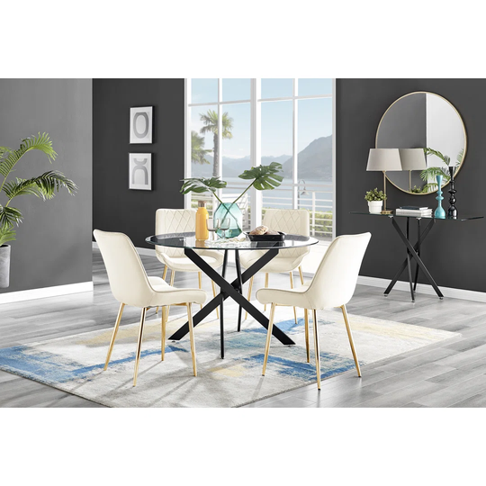 Novara Black Leg 120Cm Round Glass Dining Table & 4 Cream Pesaro Gold Leg Chairs