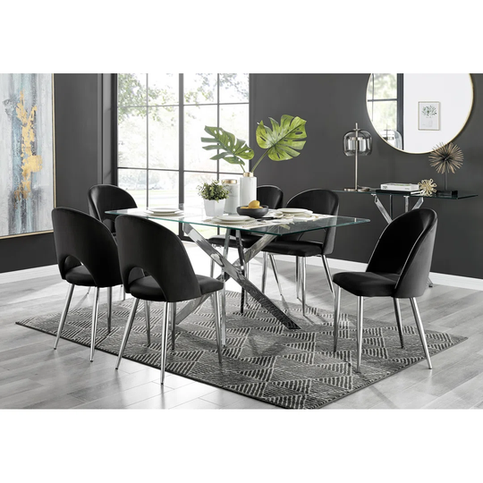 Leonardo Glass And Chrome Dining Table & 6 Black Arlon Silver Leg Chairs