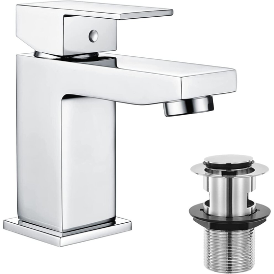 Hapilife Basin Taps Square with Pop up Waste Bathroom Sink Mixer Taps with UK Standard Hoses