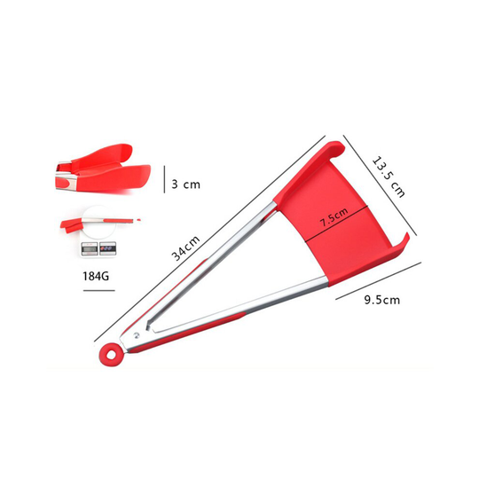 (Red, L) 2 in 1 Non-stick Clever Tongs Heat Resistant Silicone Spatula kitchen Clip