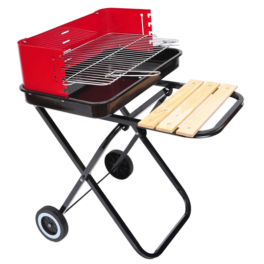 New Foldable BBQ Barbecue Grill Cooking Charcoal Trolley With Wheels - Black/Red