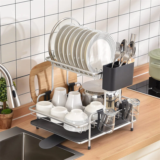 Dish Rack 2 Tier,Aluminium Dish Drying Rack,Large Dish Drainer With Removable Cup Holder,Cutlery Holder,360° Swivel Draining Board,Plate Draining Rack