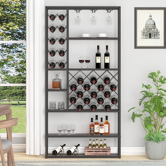 Wine Rack Freestanding Floor, Modern Tall Display Wine Storage Shelves, Wood And Metal Rustic Farmhouse Stackable Bakers Rack, Coffee Buffet Bar Cabin