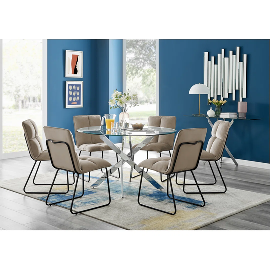 Novara 120Cm Round Glass Dining Table & 6 Taupe Menen Chairs