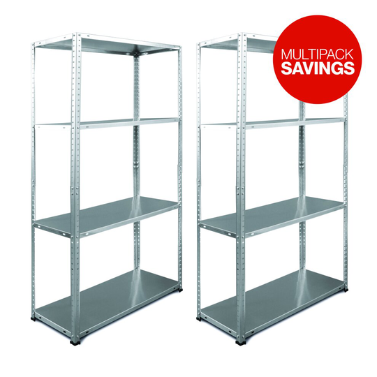 Pack of 2 Garage Shelving Units 4 Tier (145cm x 75cm x 30cm) BOLTED Galvanised Steel Metal Storage Racking Shelves