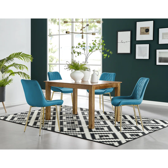 Anders Honey Solid Wood Dining Table & 4 Blue Pesaro Gold Leg Chairs