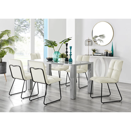 Pivero Grey High Gloss Dining Table & 6 Cream Menen Chairs