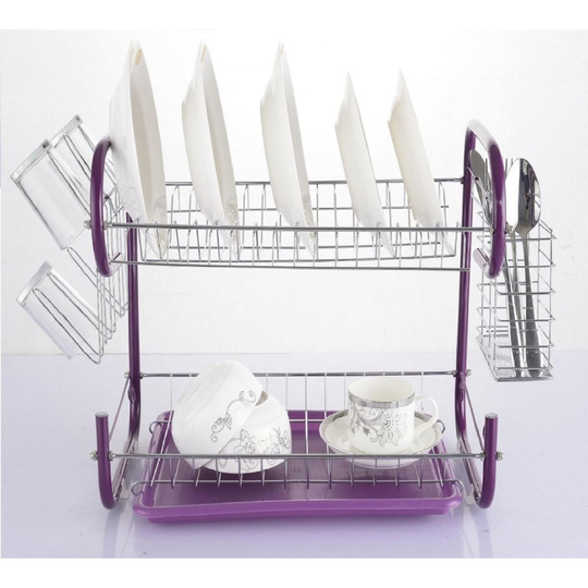 Vinsani Urban 2 Tier Drainer Rack Drip Tray Holder Dish Cutlery Cup Purple