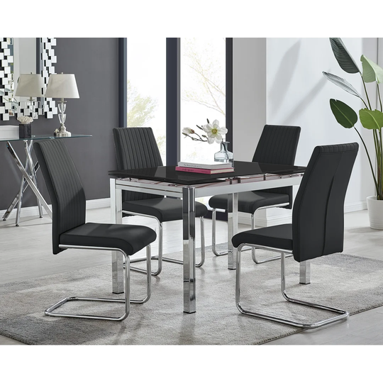 Enna Black Glass Extending Dining Table And 4 Black Lorenzo Chairs