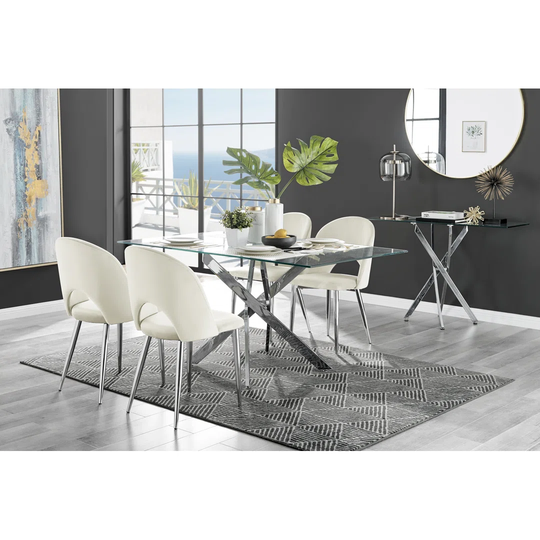 Leonardo Glass And Chrome Dining Table & 4 Cream Arlon Silver Leg Chairs