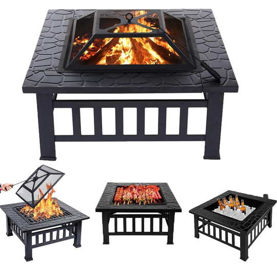 3 in 1 Outdoor Fire Pits,Square Table Brazier,Garden Patio BBQ Grill Firepit