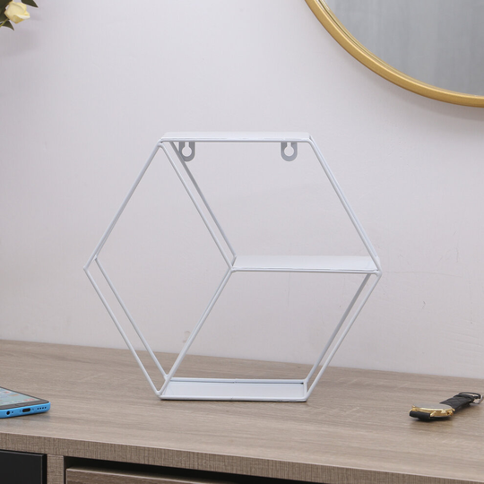 (White ) Metal Wall Shelf Hexagon Wall Floating Display Storage Rack