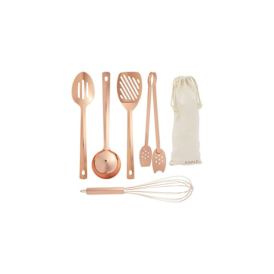 5-Pack Rose Gold Cooking Utensil Set with Copper Plated Ladle, Balloon Whisk, Tongs, Slotted Spatula and Spoon