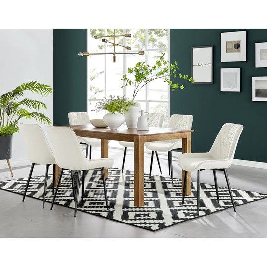 Anders Honey Solid Wood Dining Table & 6 Cream Pesaro Black Leg Chairs