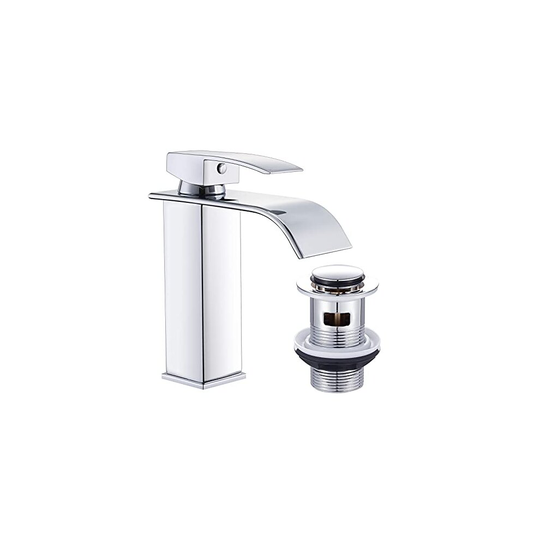 Wasserrhythm Basin Taps Mixers with Pop up Waste Waterfall Square Bathroom Sink Taps Chrome Brass with UK Standard Hoses Mono Modern