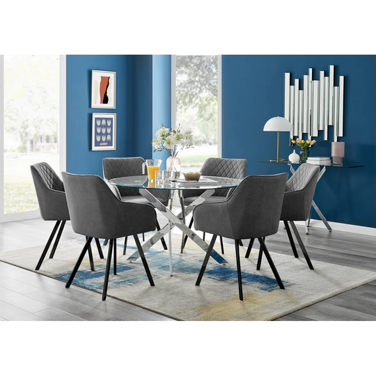 Leonardo Glass And Chrome Dining Table & 6 Dark Grey Falun Black Leg Chairs