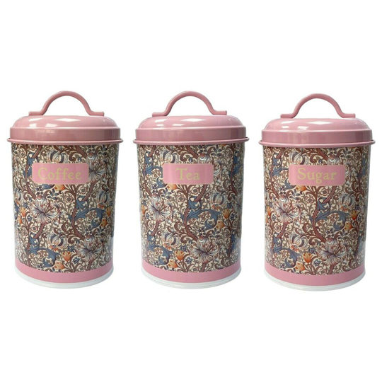 Set of 3 Tea Coffee Sugar Canister Set William Morris Golden Lily Floral Pink