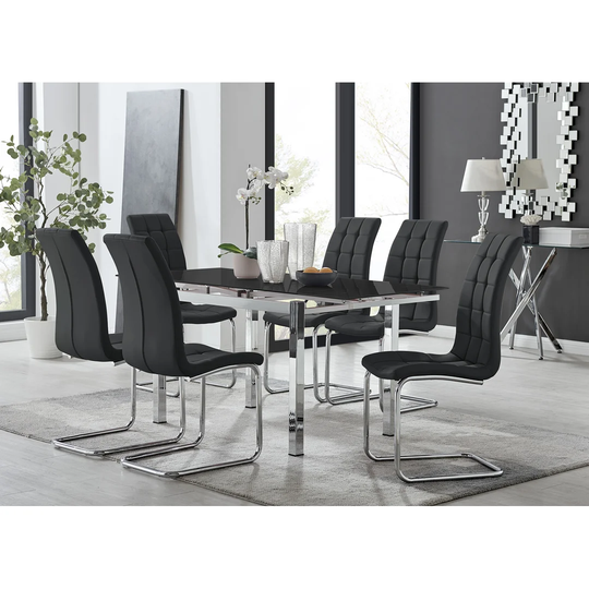 Enna Black Glass Extending Dining Table And 6 Black Murano Chairs