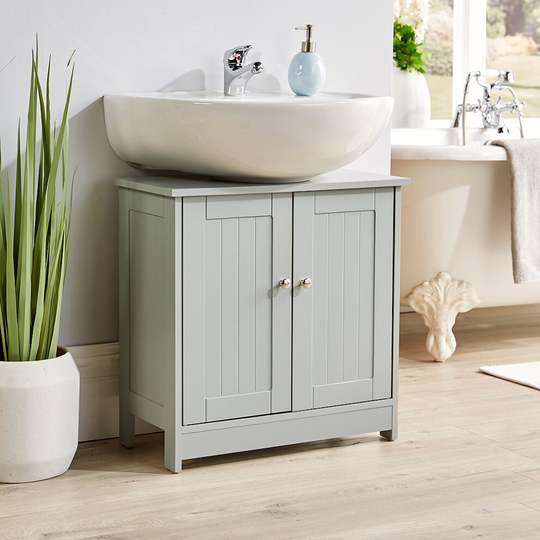 Grey Bathroom Under Sink Wash Basin Storage 2 Door Cupboard Wooden Cabinet