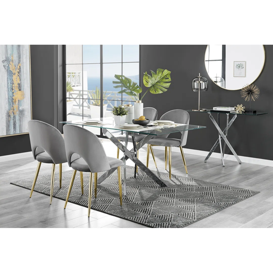 Leonardo Glass And Chrome Dining Table & 4 Grey Arlon Gold Leg Chairs