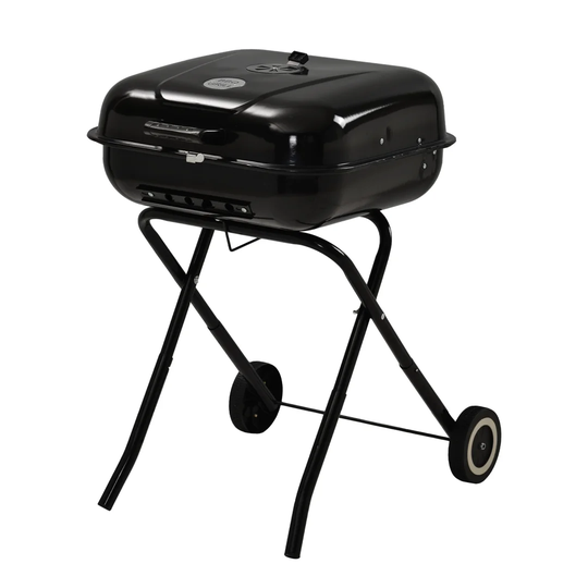 Square Folding Charcoal Grill, Portable BBQ Charcoal Grill With Two Wheels, 21.5 Inch, Black
