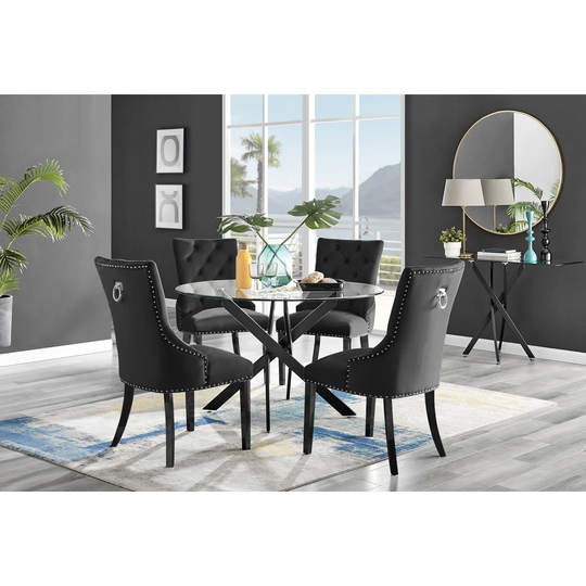 Novara Black Leg 120Cm Round Glass Dining Table & 4 Black Belgravia Black Leg Chairs