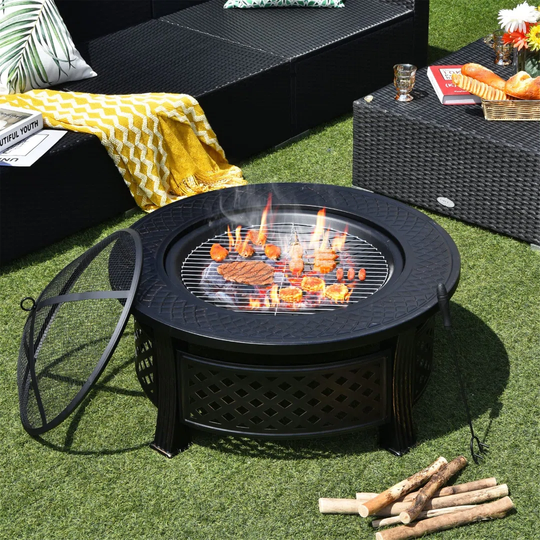 Outdoor Fire Pit, 3 In 1 Barbecue Table Brazier With BBQ Grill Shelf, Log Poker And Waterproof Cover, Garden Patio Heater/BBQ/Ice Pit (Round: 81 X 81