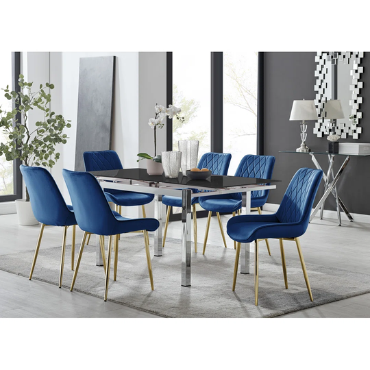 Enna Black Glass Extending Dining Table And 4 Navy Pesaro Black Leg Chairs